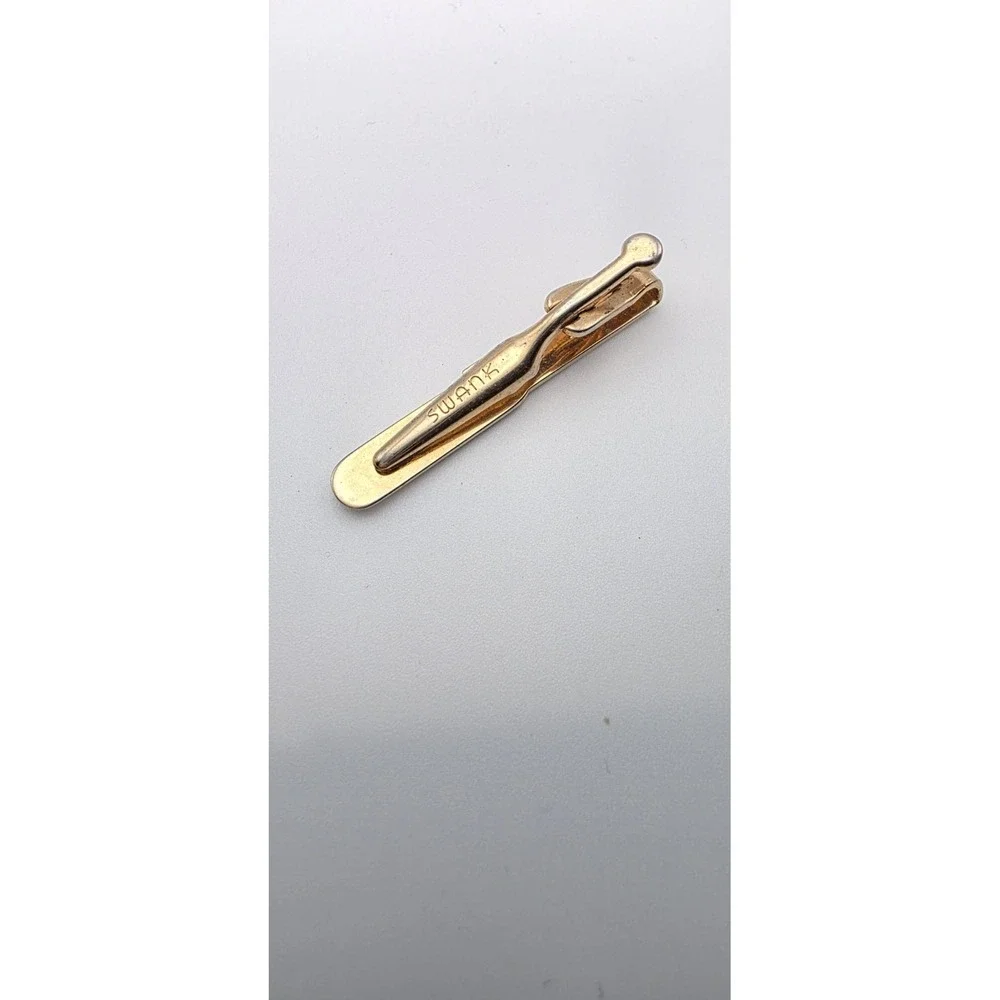 Vintage‎ SWANK CuffLinks & Tir Clip Bar Set 1950s Brown Leather Inlayed in Brass
